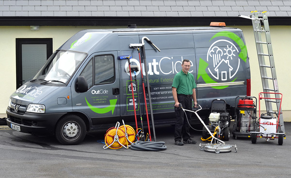 Seamus Staunton with OutCide's large range of exterior cleaning equipment.